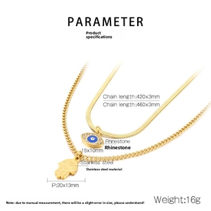 Detailed specs of double-layer evil eye and Hamsa necklace with rhinestone measurements