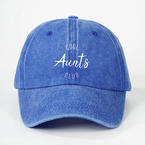 Retro washed denim baseball cap featuring white COOL Aunts CLUB printed artistic slogan