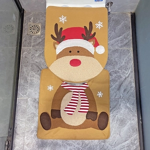 Christmas reindeer toilet seat cover and rug set with 3D plush antlers for bathroom decor
