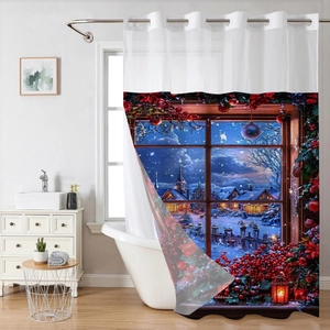 Rideau de douche de Noël imperméable à double couche avec vue sur fenêtre enneigée et œillets