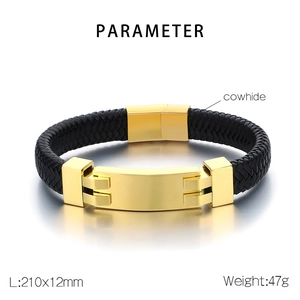 Detail view of black woven cowhide leather bracelet with golden magnetic clasp and specs