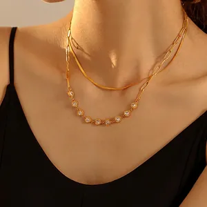 Stainless Steel Heart Zirconia Double Layer Necklace For Women Gold Plated Elegant Clavicle Chain Party Luxury Jewelry Gift