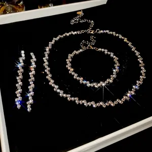 Sparkling zircon tassel jewelry set with necklace bracelet earrings in silver finish