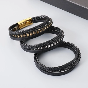 Men's multilayer braided leather bracelet with stainless steel magnetic clasp and chain