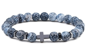Detail of blue crackle beads and black cross charms on a men's beaded bracelet set
