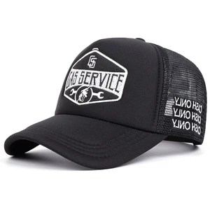 Hip-hop black trucker hat with GAS SERVICE shield patch and CASH ONLY mesh embroidery