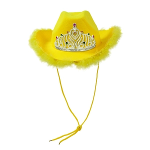 Sombrero de vaquero amarillo de fiesta con corona de plata y gemas de colores