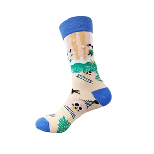 Detailed side view of a cotton cartoon sock featuring a colorful Hello Toby beach illustration