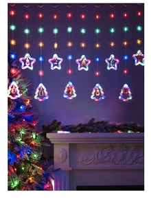 Detail of LED curtain lights with colorful snowflakes, stars, and holiday figurines