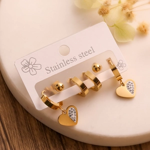 Golden stainless steel earring set with heart pendant and cubic zirconia accents