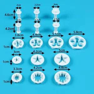 Detailed size chart for 16-piece set of white plastic fondant cake decorating cutters