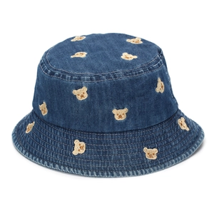 Chapeau bob en jean bleu foncé pour enfants avec broderies d'ours bruns au style décontracté