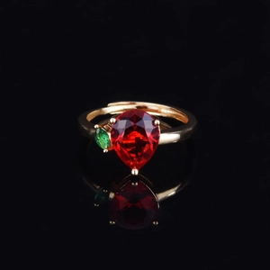 Pear-cut ruby and green gemstone double stone ring with adjustable gold-tone band
