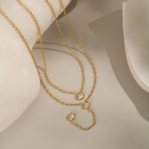 Stainless Steel Double Layer Y Necklace Women 18K Gold Plated Geometric Round Zircon Tassel Elegant Ins Style Jewelry