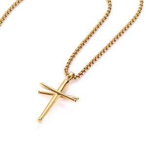 Collier hip-hop doré pour homme en acier inoxydable avec pendentif batte et croix