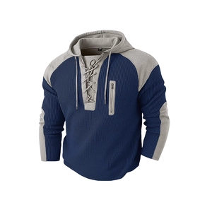 Men's navy and grey waffle knit hooded sweatshirt with drawstring and chest zipper detail