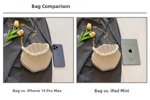 Detailed comparison showing woven shell bag size next to iPhone and iPad mini