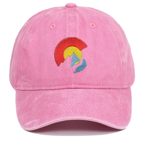 Detail of rose pink washed cotton baseball cap with Colorado flag embroidery