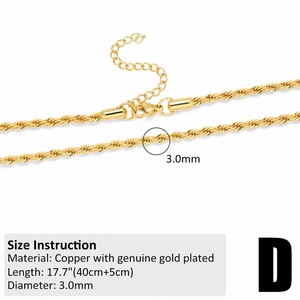 Detail view of 3.0mm gold-plated twist chain necklace with length specifications