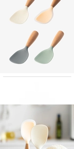 Detail of food-grade silicone rice spoon with wooden handle and heat-resistant material