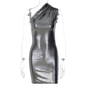 Close-up of silver metallic off-shoulder slim-fit mini dress with glossy elastic fabric