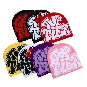 Top Tier Letter Jacquard Beanie Hat Acrylic Knitted Warm Winter Streetwear Unisex