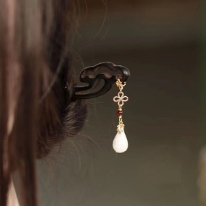 Elegant Chinese style wooden hair pin with cloud carving and white teardrop pendant