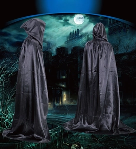 Detailed back and side view of a hooded mysterious black satin cape for Halloween cosplay