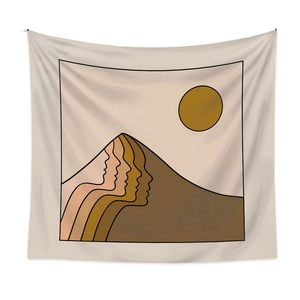 Minimalist bohemian wall tapestry featuring abstract facial silhouettes and a golden sun