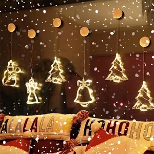 Warm white LED Christmas suction cup window lights featuring festive reindeer and tree designs