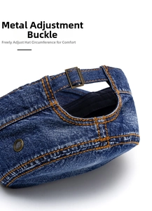 Detail of dark blue denim military cap with bronze metal buckle and orange stitching