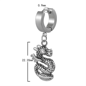 Detail view of silver dragon pendant earring showing 22.20mm length and 0.9mm pin size