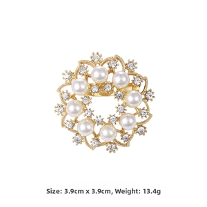 Detailed view of alloy flower brooch with nine pearls and sparkling crystals, 3.9cm size