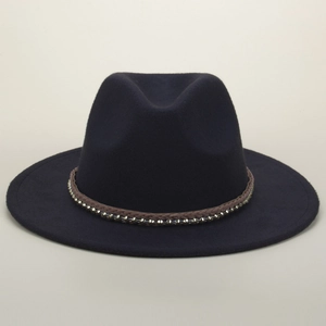 Dark blue wool fedora hat with brown braided rope and silver metallic rivets