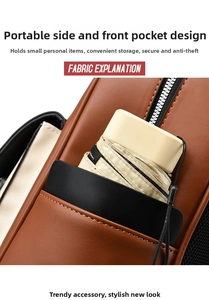 Detail of leather backpack side pocket holding a beige folding umbrella for storage