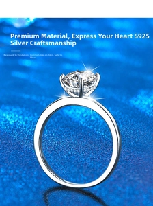 Macro shot of S925 sterling silver ring with 4-prong crown setting and moissanite diamond
