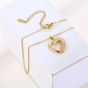 18K gold plated stainless steel heart pendant necklace with baguette zircon accents