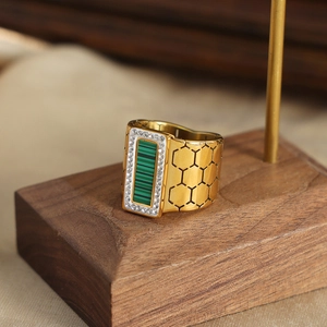 18k gold plated wide ring with hexagonal texture, green stone and zircon inlay