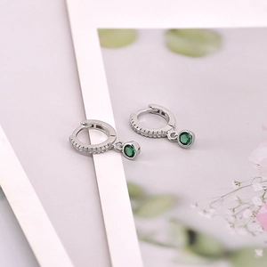 Elegant silver leverback earrings with round green zircon and crystal pendant charms