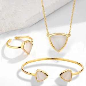 18K Gold Plated Copper Necklace Bangle And Open Ring Minimalist Geometric Cat's Eye Stone Jewelry For Women