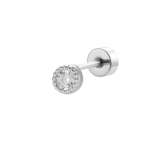 Silver geometric round labret stud with zircon stone and milgrain decorative edge