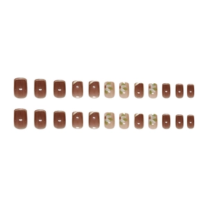 Brown and caramel gradient short square press-on nails with floral and gold details