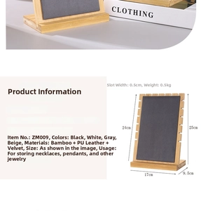 Detailed view of bamboo necklace stand base with gray velvet and black leather options