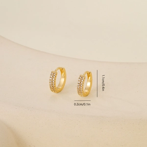 Detailed view of small gold hoop earrings with double-row zircon inlay and dimensions