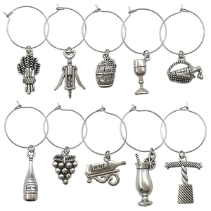 Set of 10 antique silver wine glass charms with grape and bottle shapes for DIY