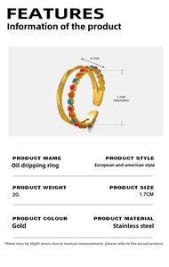 Detailed view of adjustable gold stainless steel ring with colorful enamel inlay