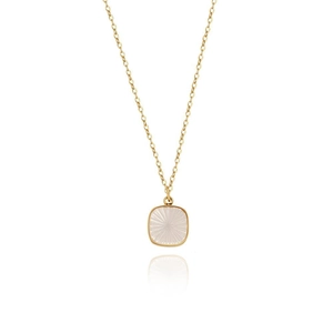Gold square necklace with sunburst shell carving and classic cross chain on white