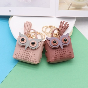 Cute cartoon owl PU leather coin purse keychain with tassels and gold hardware