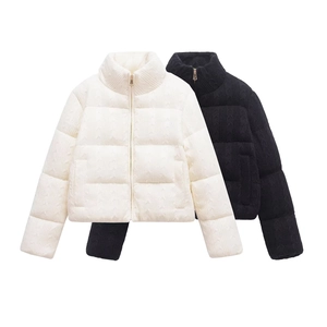 Women's cable-knit quilted jacket with stand collar in black and white colors