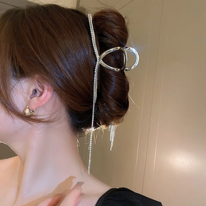 Détail d'une pince à cheveux argentée avec strass et de longues franges élégantes